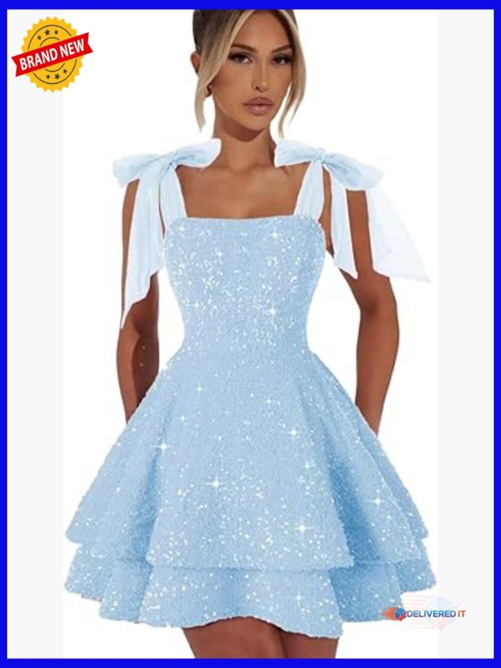 Sparkly Sequin Mini Prom Dress with Bow Spaghetti Strap Backless A-Line